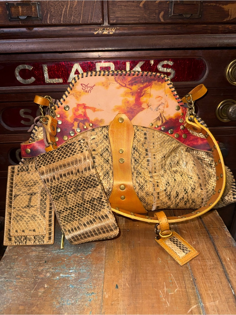Sharif Tan Snakeskin-Texture Convertible Shoulder Bag, matching wallet & hangtag